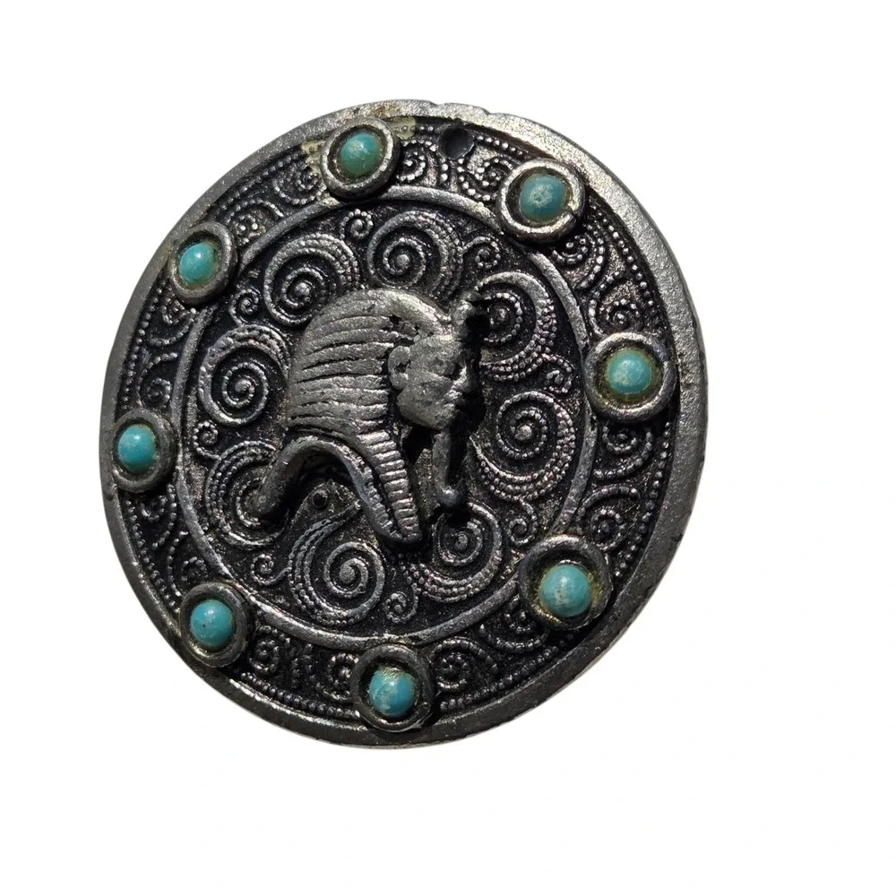 Vintage 1985 Egyptian Revival Headdress Pendant Turquoise Accents Embossed Metal